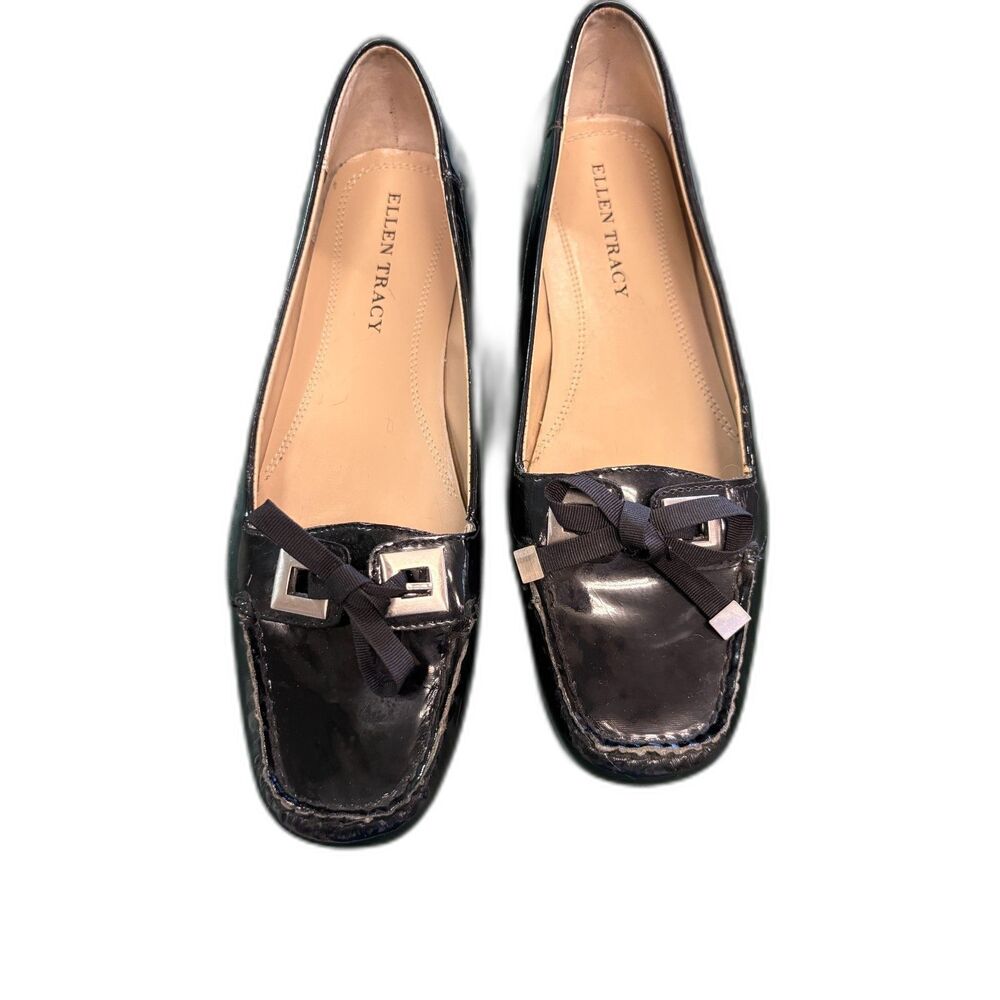 Ellen Tracy Black Patent Bow Loafer Flats